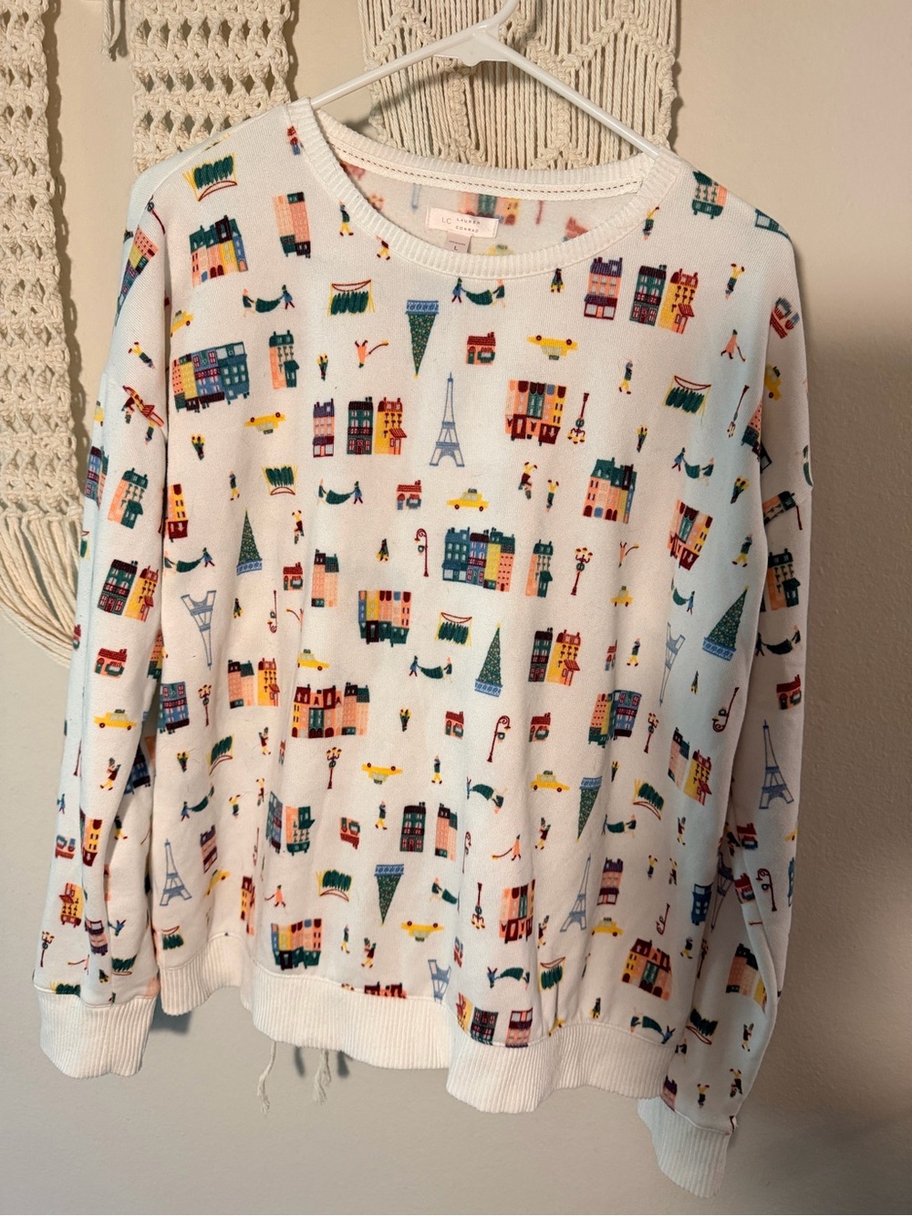 White Sweater with Colorful Christmas Cityscape Print